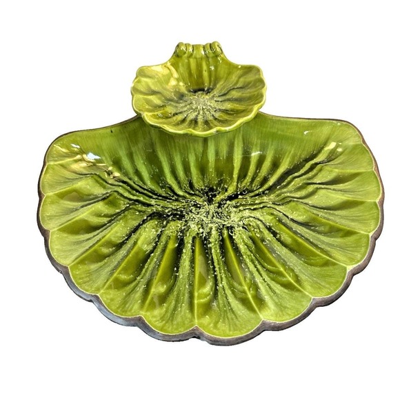 Treasure Craft Other - Vintage Treasure Craft MCM Green Clam Shell Chip/Dip Bowl Set 2-Tier Drip Glaze